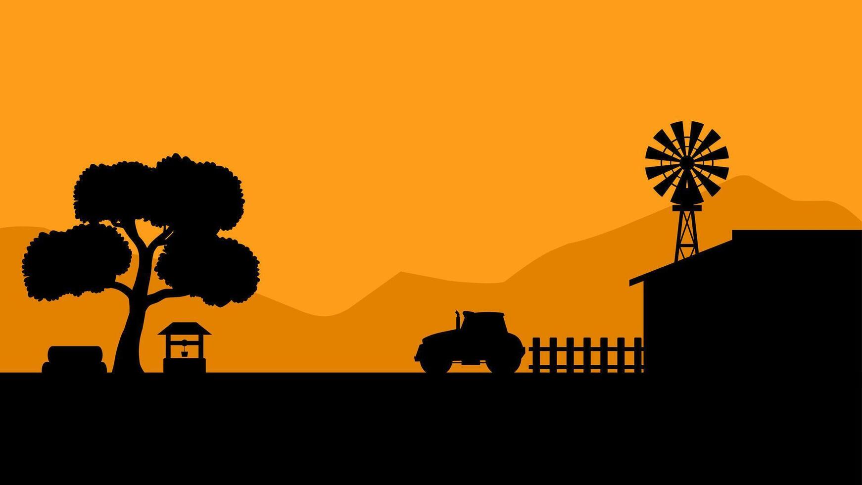 Landscape illustration of farmhouse silhouette and windmill vector