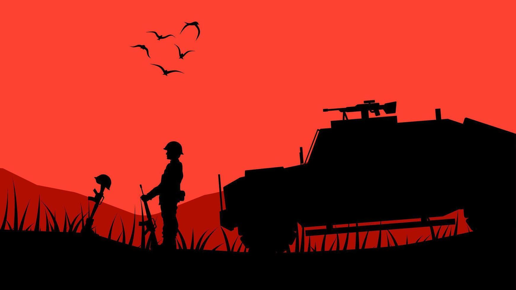 Landscape illustration of soldier giving respect to fallen soldier vector