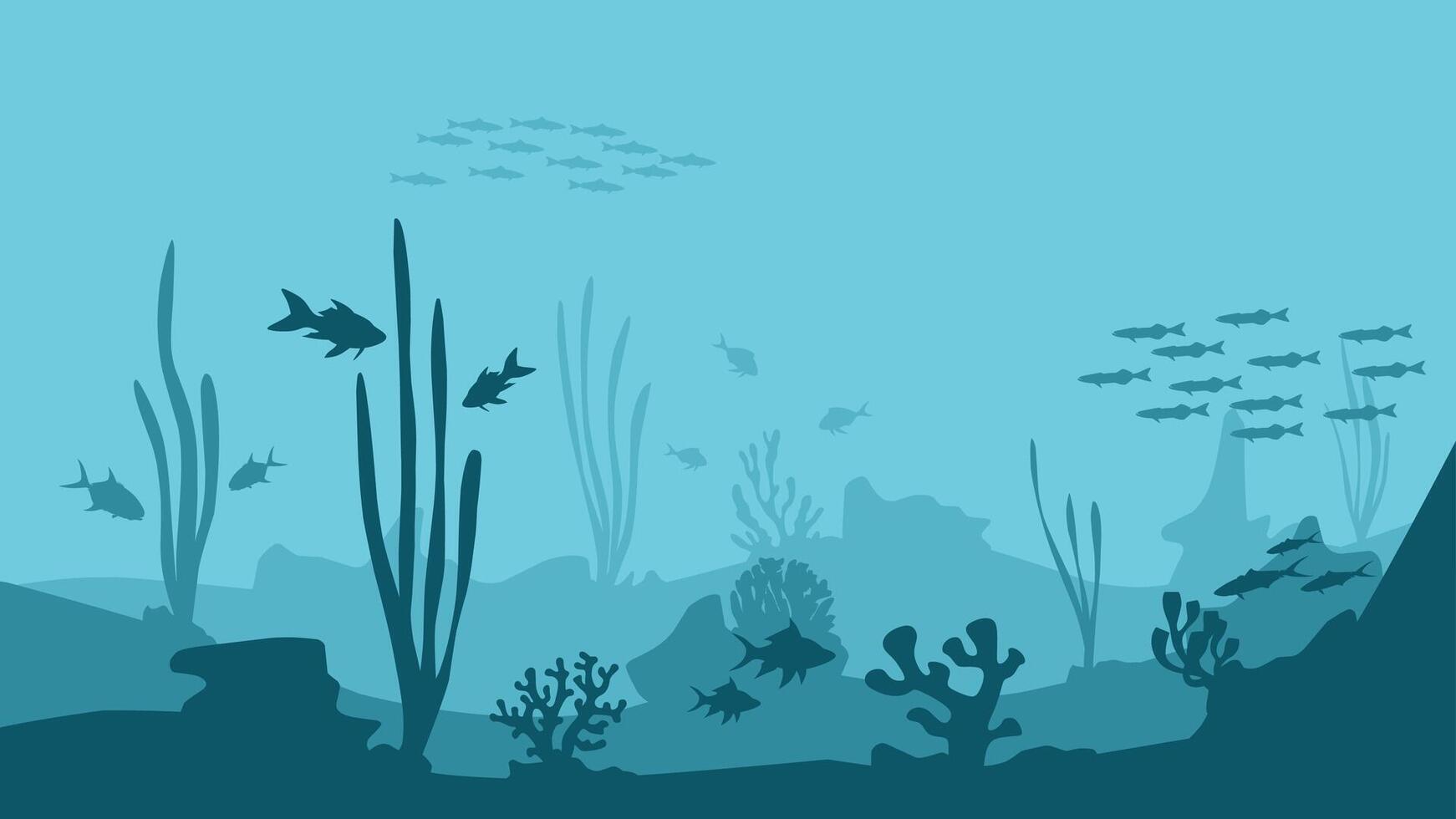 Landscape illustration of seabed with coral reefs and fishes vector
