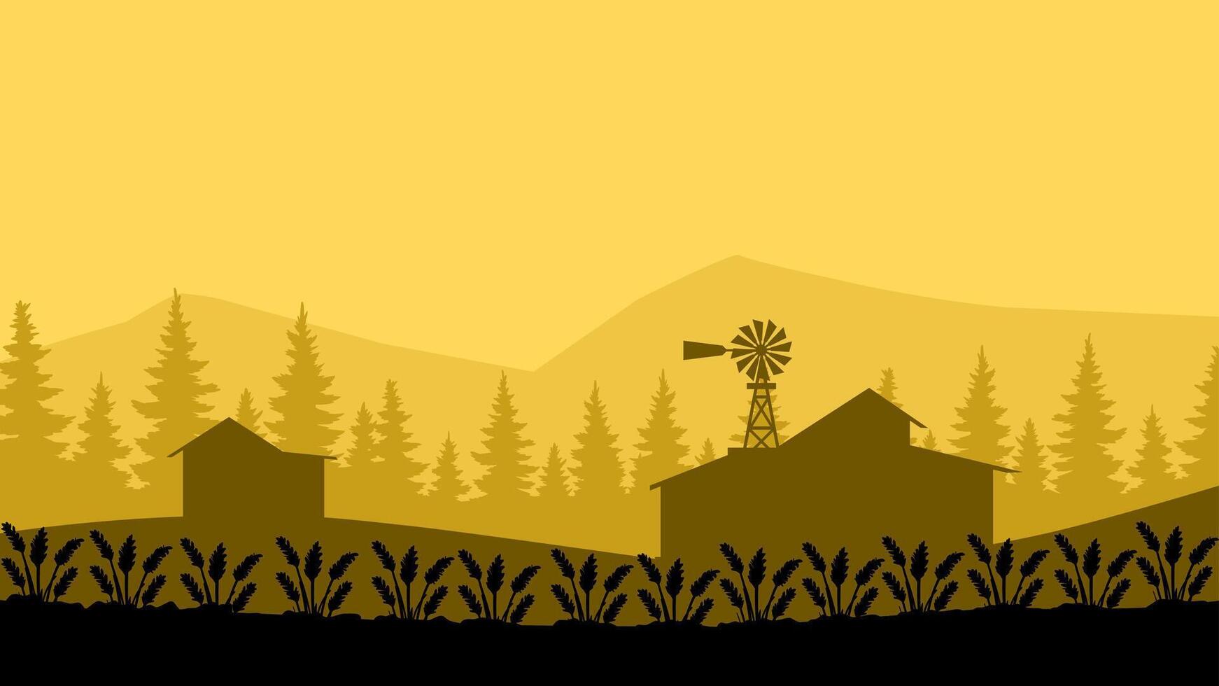 Landscape illustration of wheat farm in countryside vector