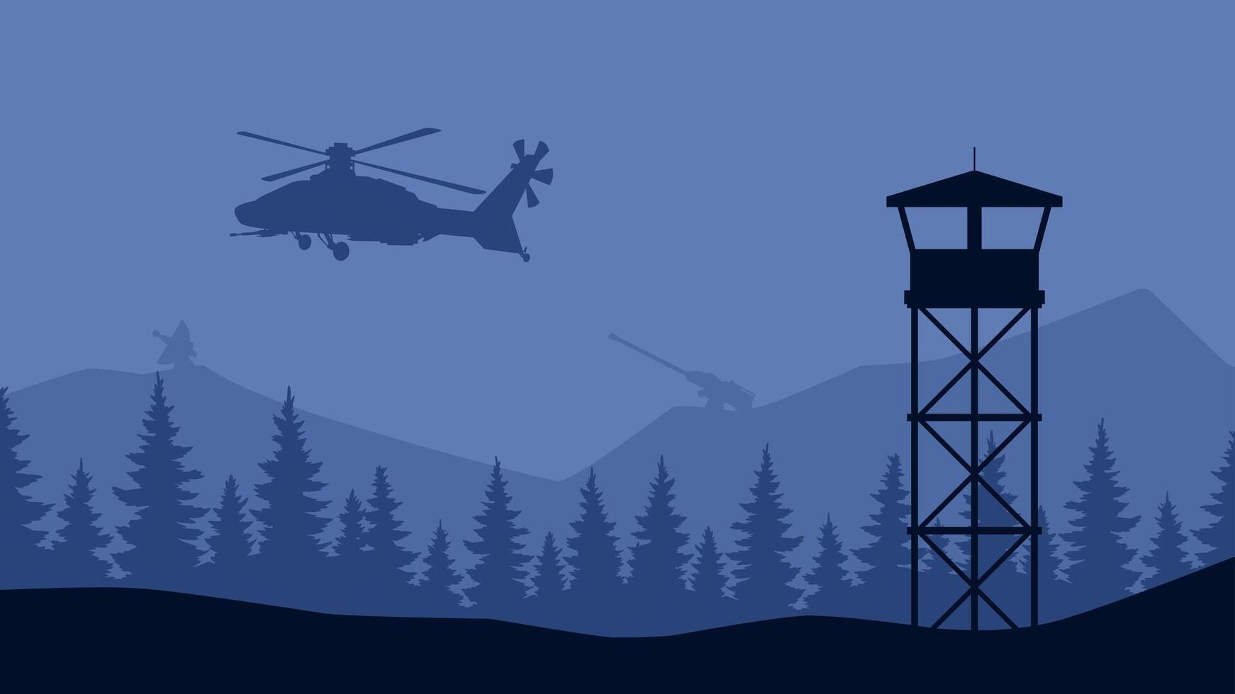 Landscape illustration of military helicopter and watchtower vector