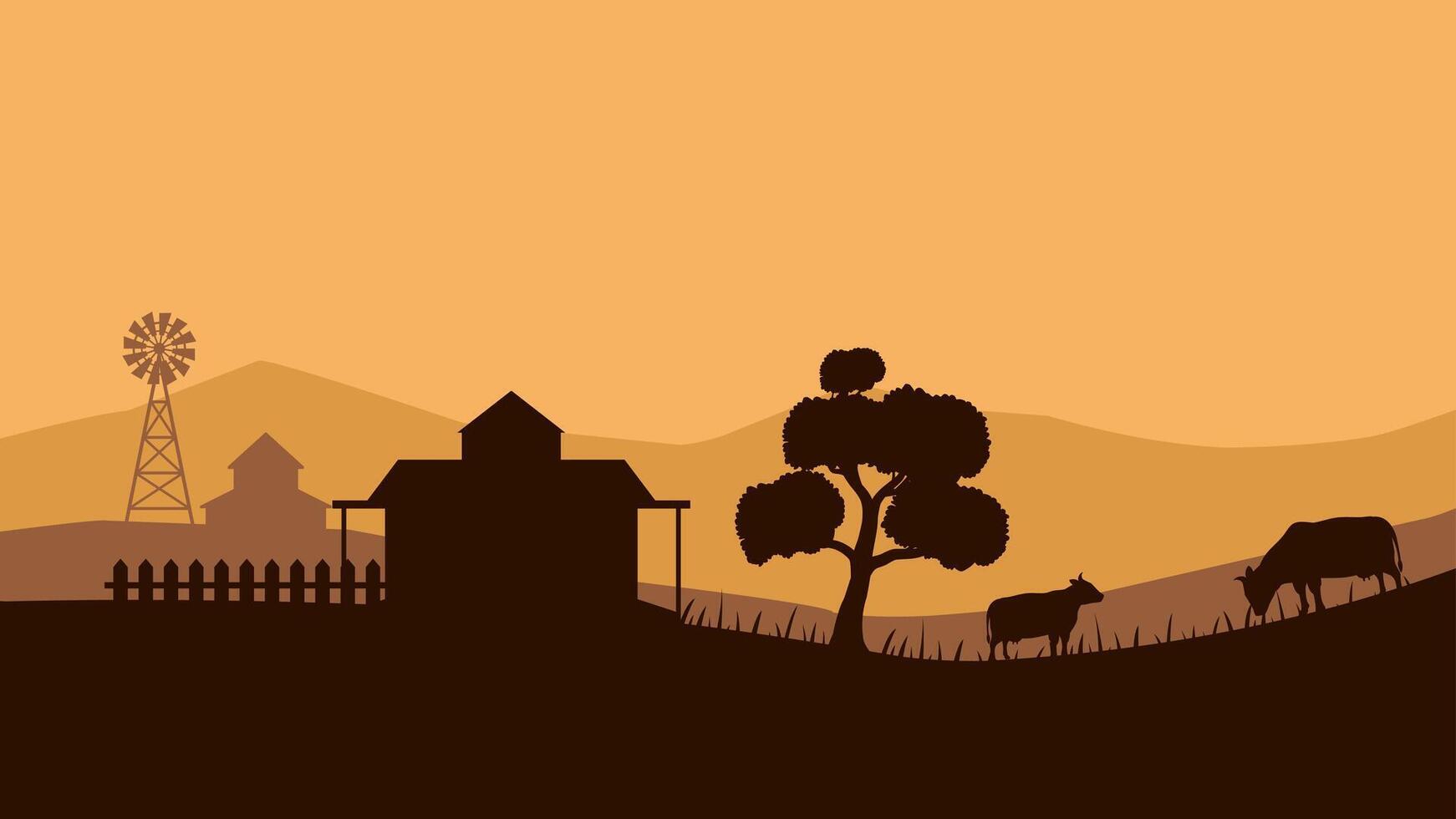 Landscape illustration of farm silhouette with cattle livestock vector