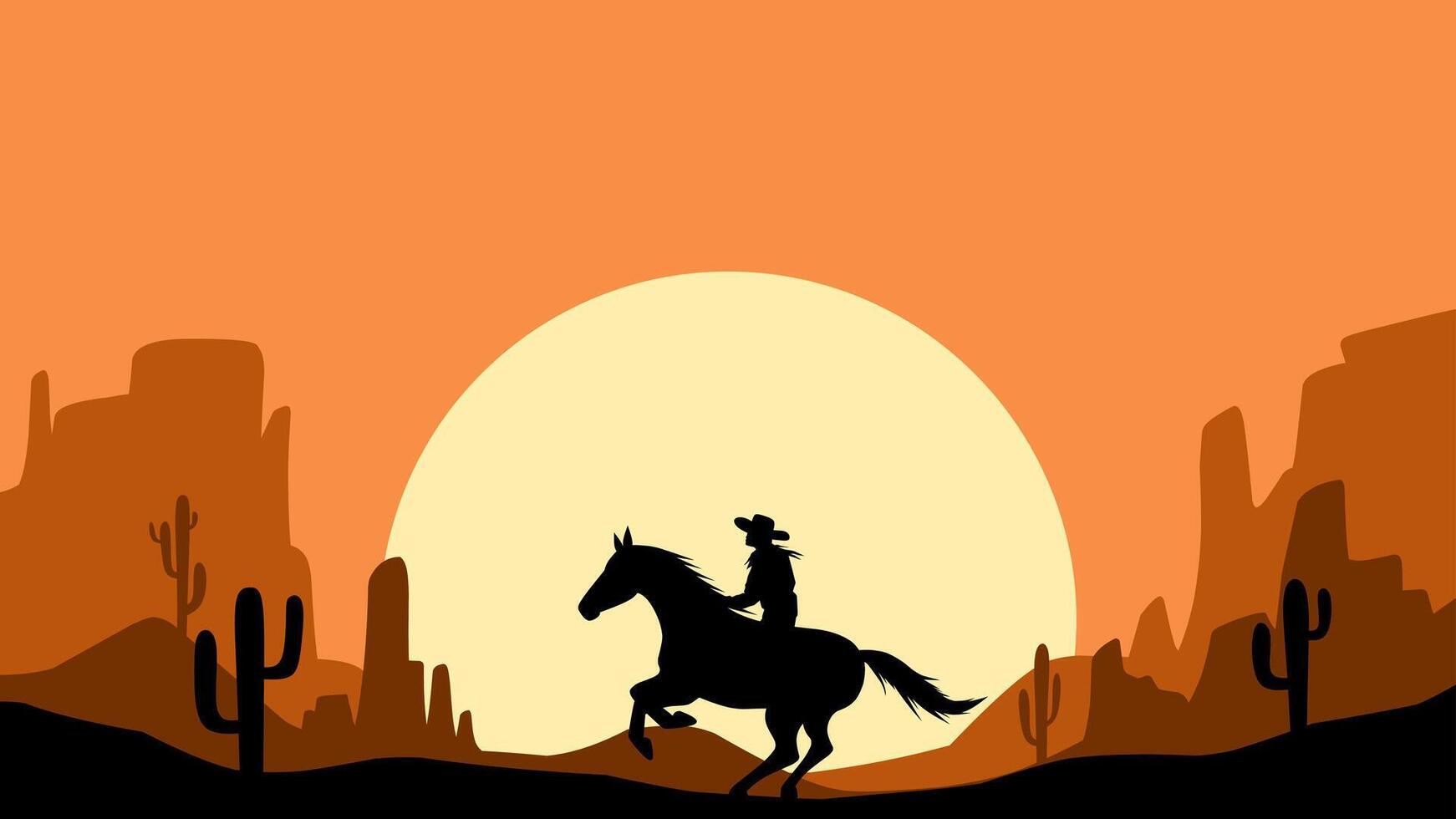 Landscape illustration of a cowboy riding a horse in the desert vector