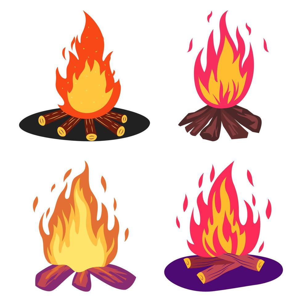 Set of Burning Bonfire Hot Fire Flame with Orange Yellow Glow Light vector