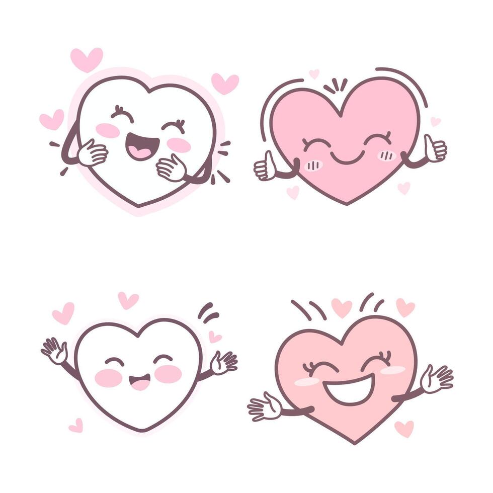 Collection of Cute Warm Kind Pink Heart Love Cartoon Character with Happy Smile Expression vector
