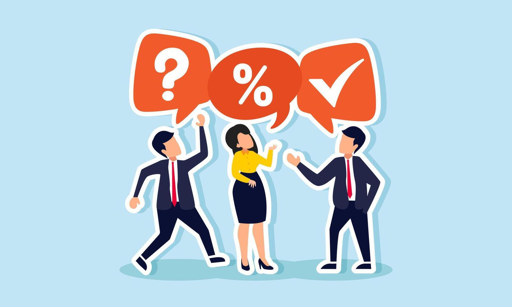 Businesspeople gathered with individual dialog boxes labeled with percentage symbols, question marks, and check marks, illustration of discussions on sharing profits and dividends vector