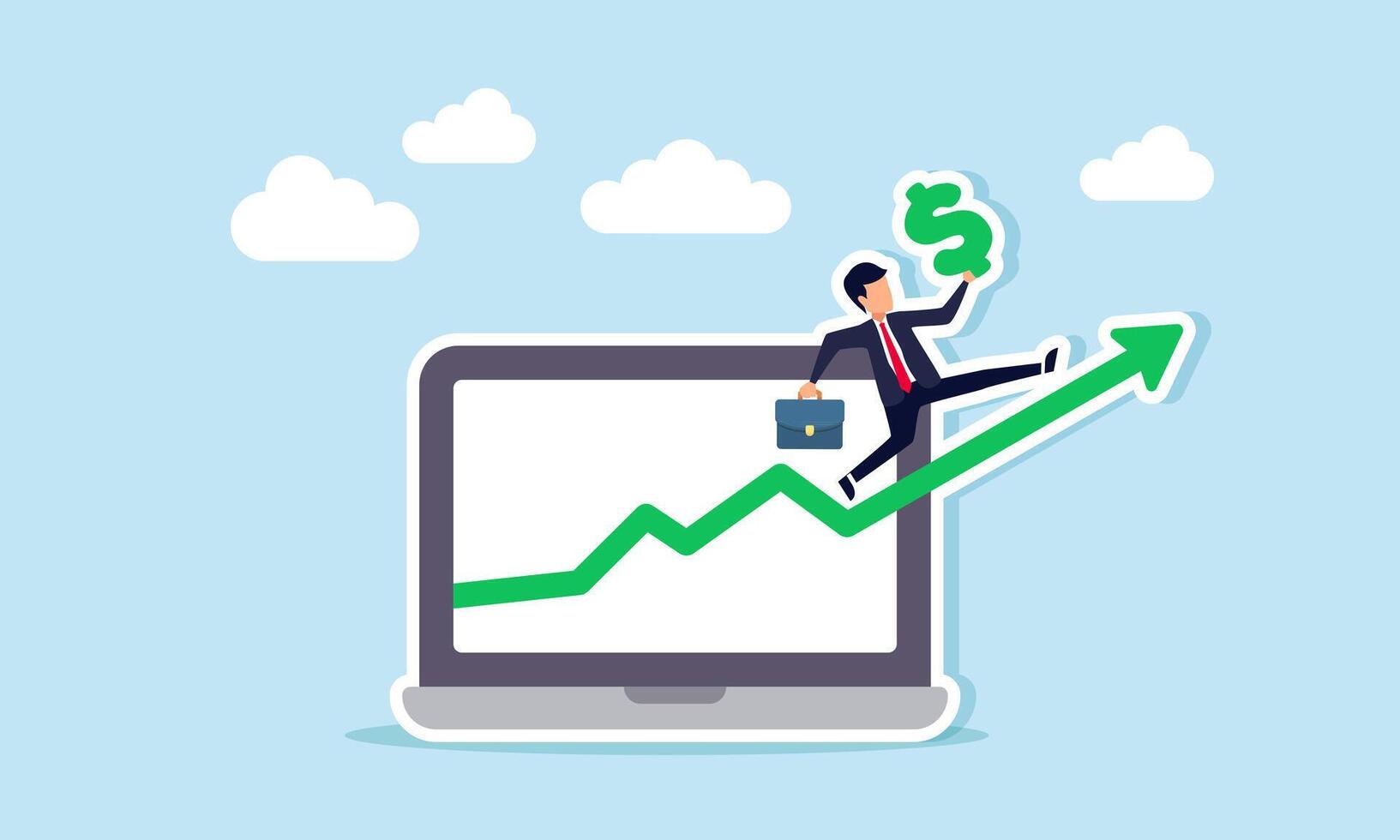 Businessman carrying a dollar sign walking on a rising green chart emerging from a laptop, illustration of business analysis to increase revenue and profit vector
