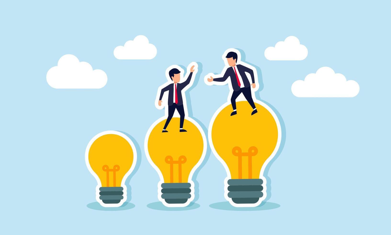 A businessman helping another businessman standing on smaller lamps, illustration of collaboration in sharing business ideas and innovations vector