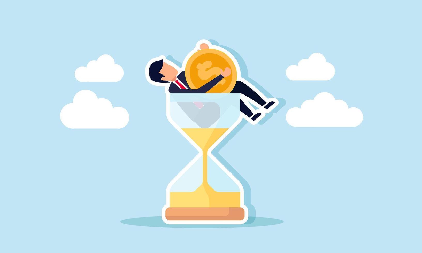 Businessman holding a dollar coin, relaxing and stuck in an hourglass, illustration of consistency in maintaining business performance for profit vector