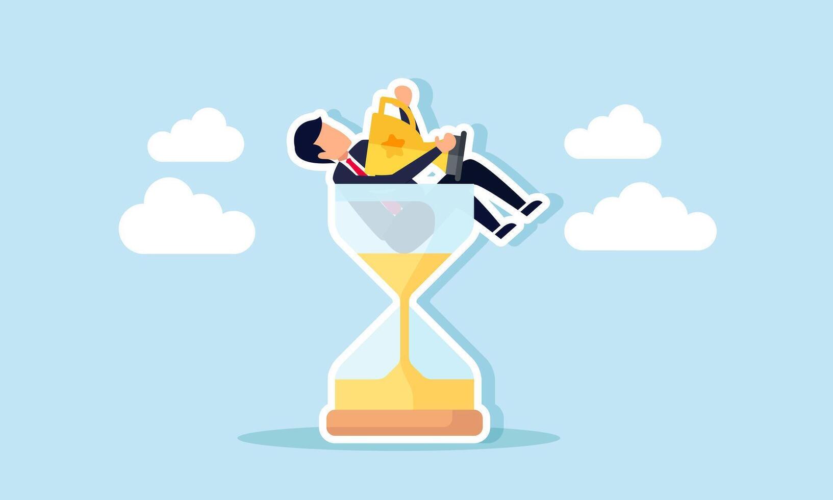 Businessman holding a trophy, relaxing and stuck in an hourglass, illustration of consistency in business performance leading to achievements and recognition vector