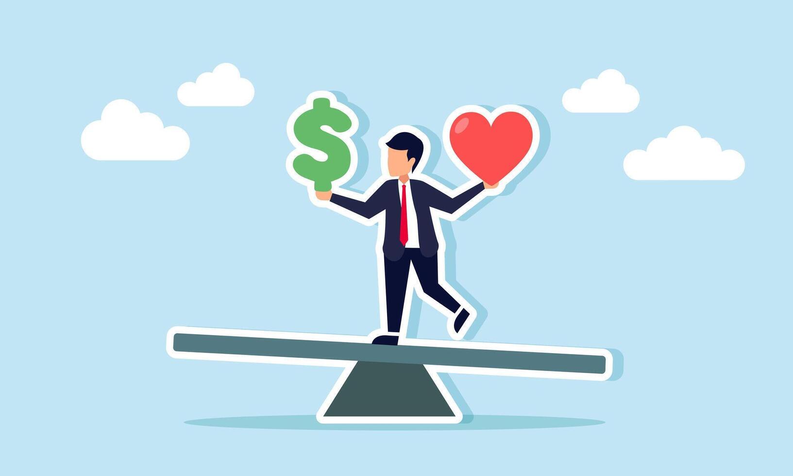 A businessman on a seesaw holding a dollar sign in one hand and a heart in the other, illustration of weighing choices between ego and finances vector