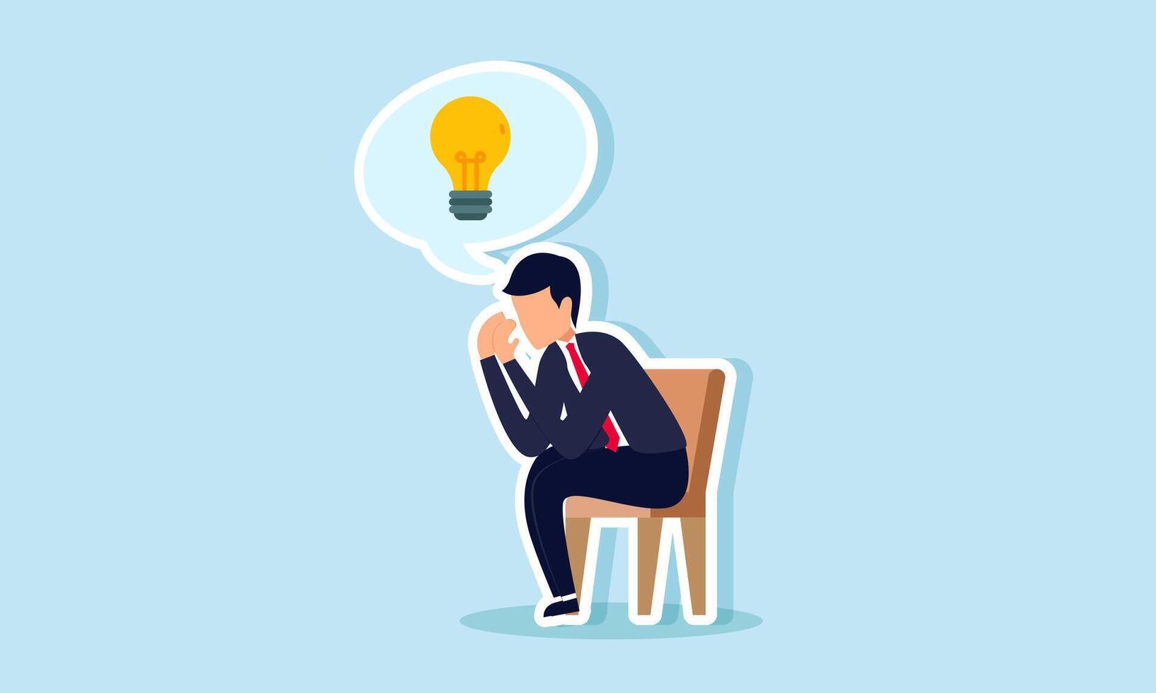 A businessman sitting on a chair feeling sad with a thought bubble of a lamp, illustration of reflecting on business ideas and innovations vector