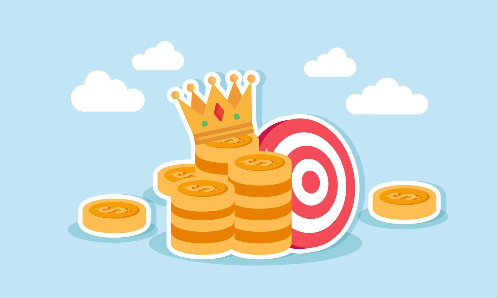 A stack of dollar coins with a crown on top and a target board in the background, illustration of profits gained by achieving business targets vector