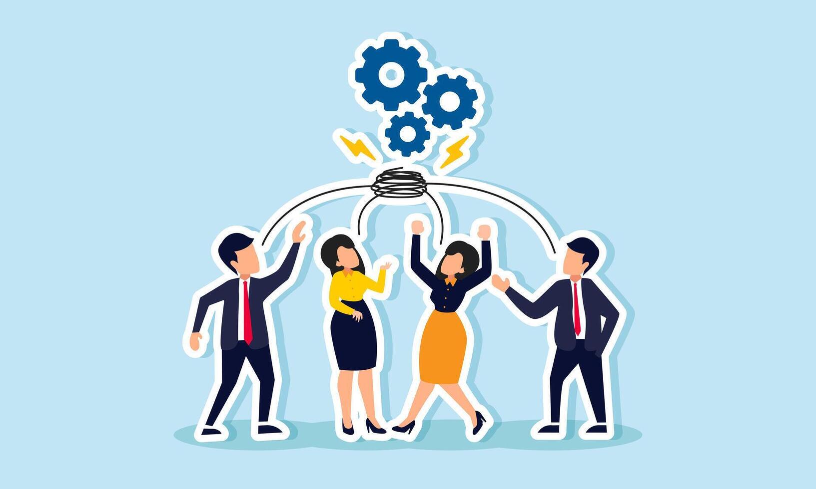 Businesspeople gathered to channel their energy into a gear, illustration of effective teamwork improving productivity vector