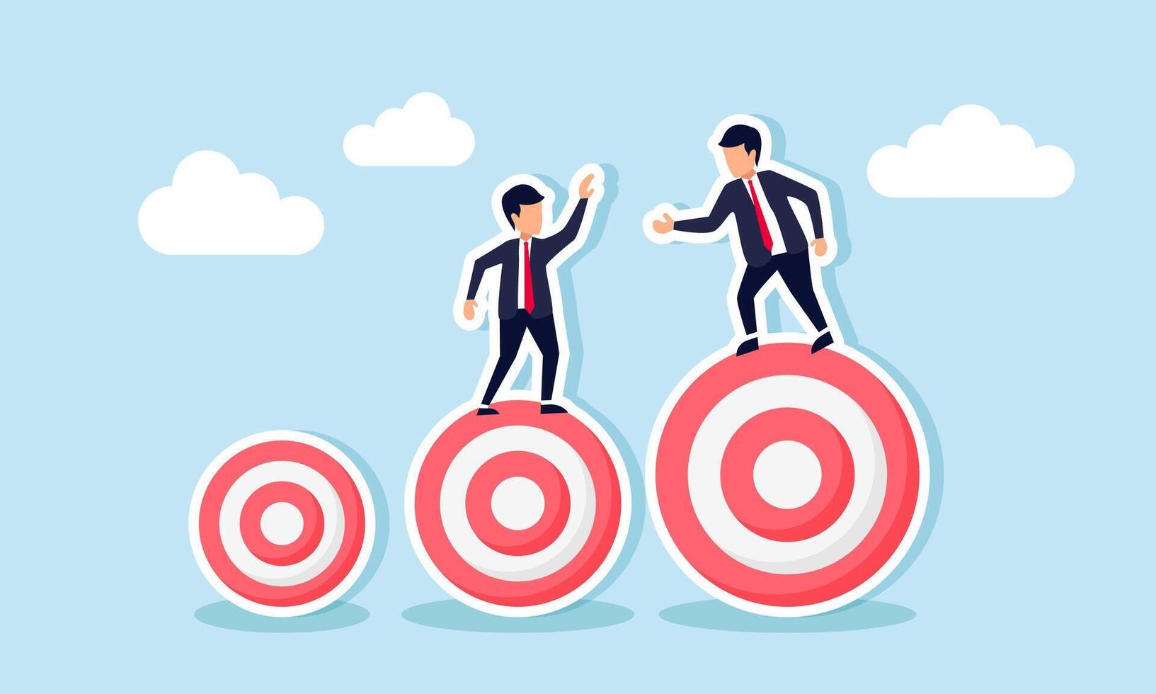 A businessman helping another businessman standing on a smaller target board, illustration of assisting a team in achieving business targets vector