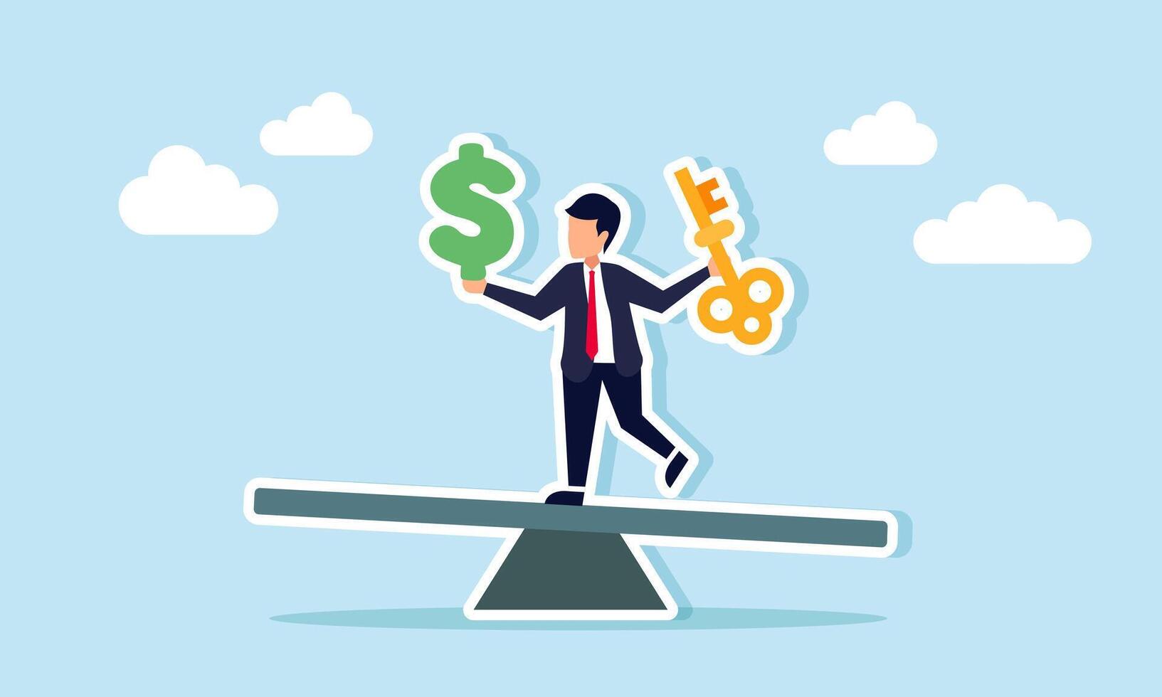 A businessman on a seesaw holding a dollar sign in one hand and a key in the other, illustration of equal comparison between solutions and costs vector