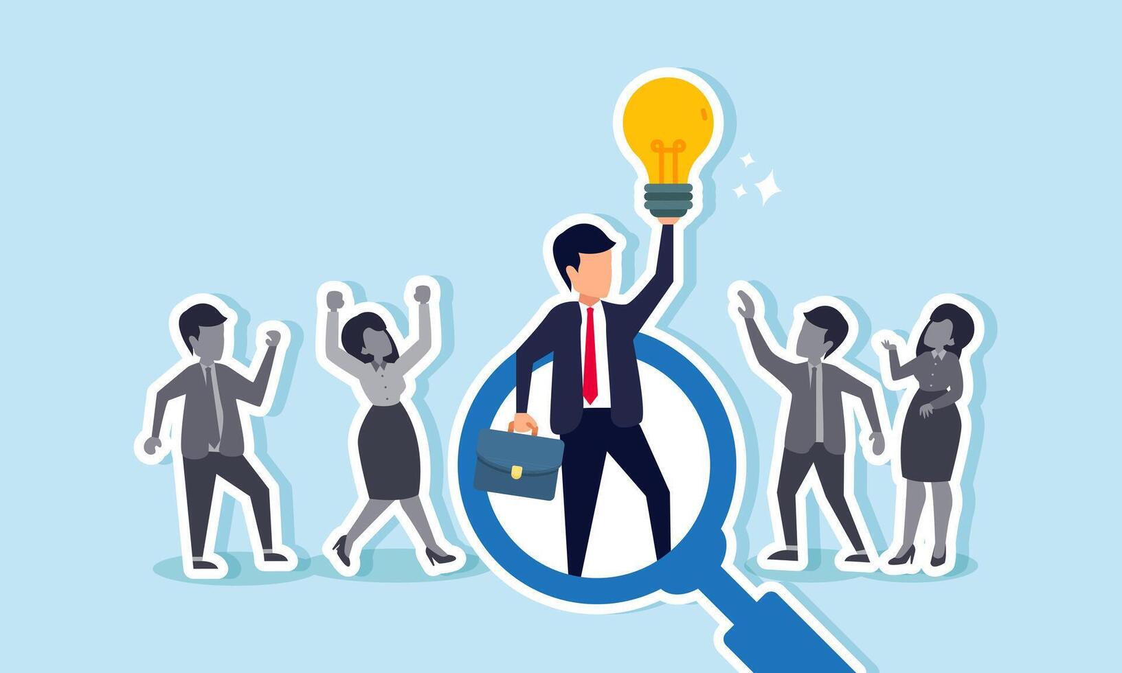 A businessman holding a lit lamp under a magnifying glass spotlight while grayscale businessmen celebrate, illustration of celebrating business success in idea and innovation vector