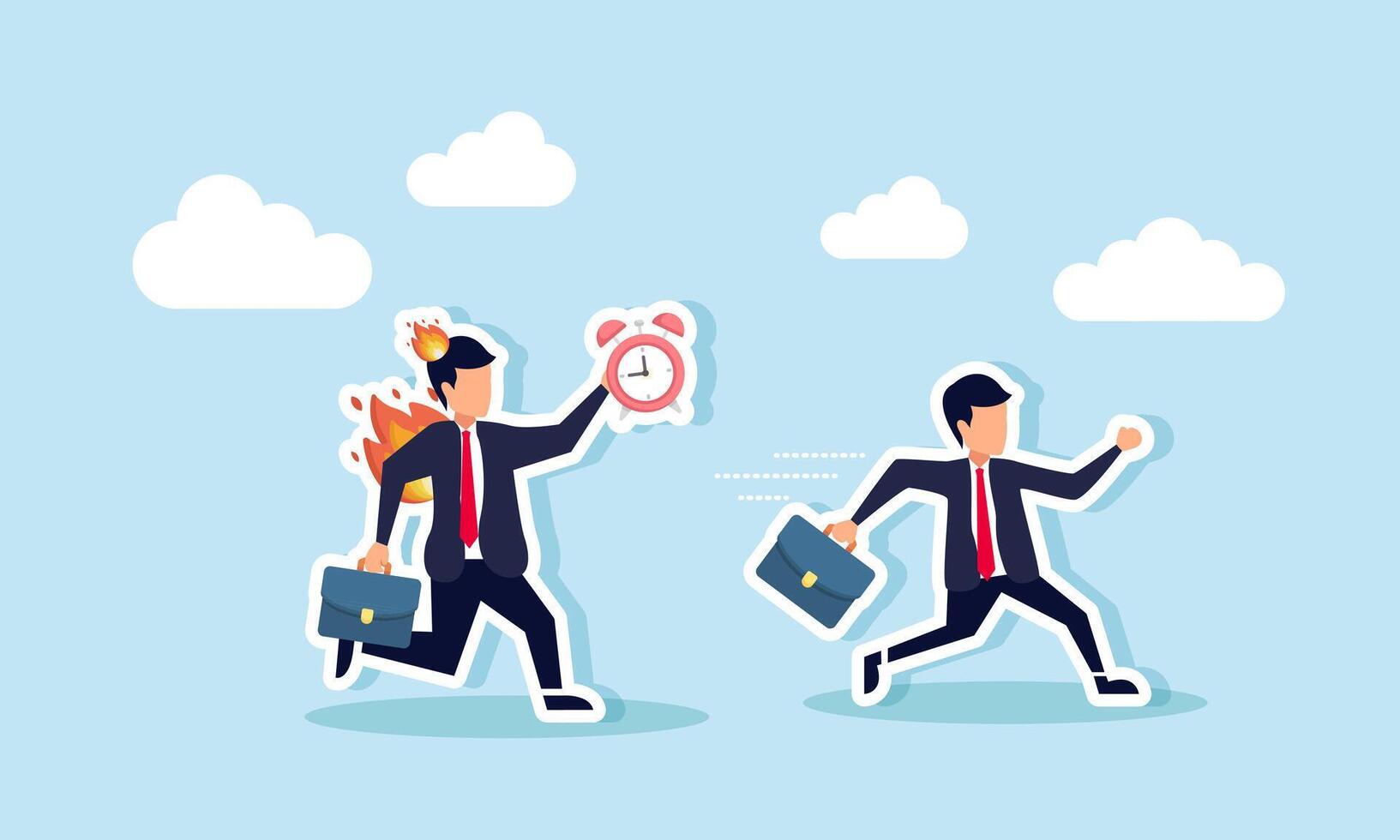 A businessman running to avoid a chasing businessman on fire carrying an alarm clock, illustration of being pursued by business work deadlines vector