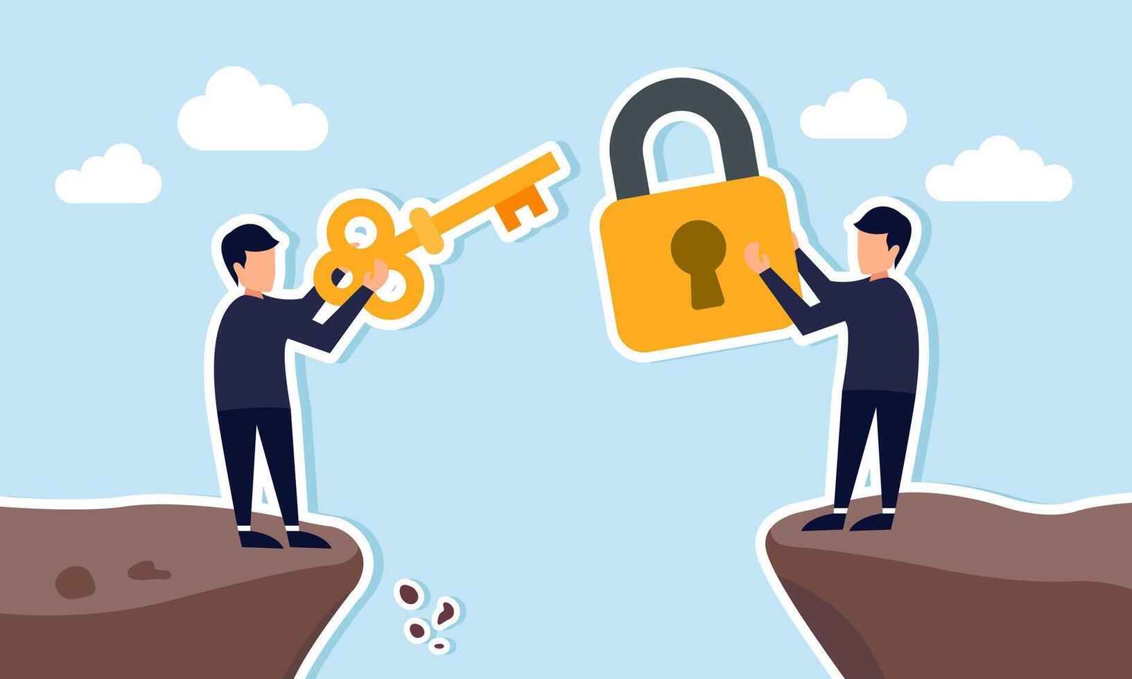 A businessman holds a key on one side of a chasm while another holds a lock on the other side, illustration of the challenge in finding solutions to business problems vector