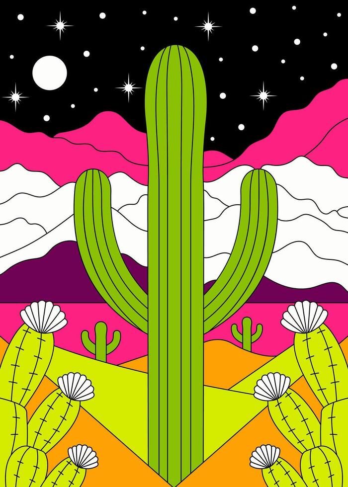 Vibrant Desert Nightscape with Cactus and Starry Sky in Bold Colors vector