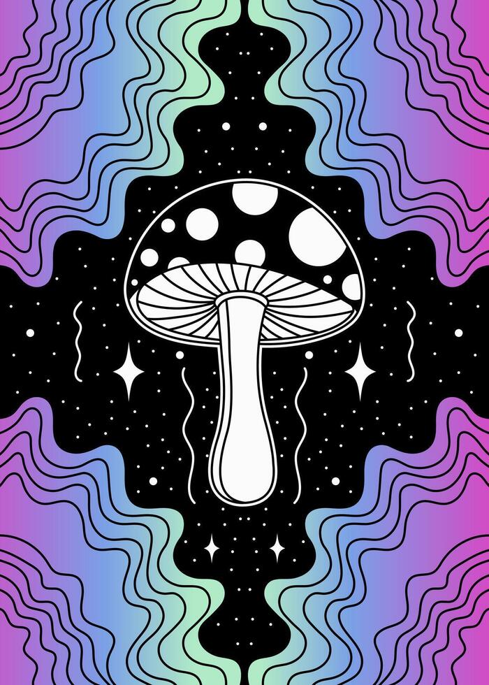 Psychedelic Mushroom with Wavy Patterns and Starry Background vector