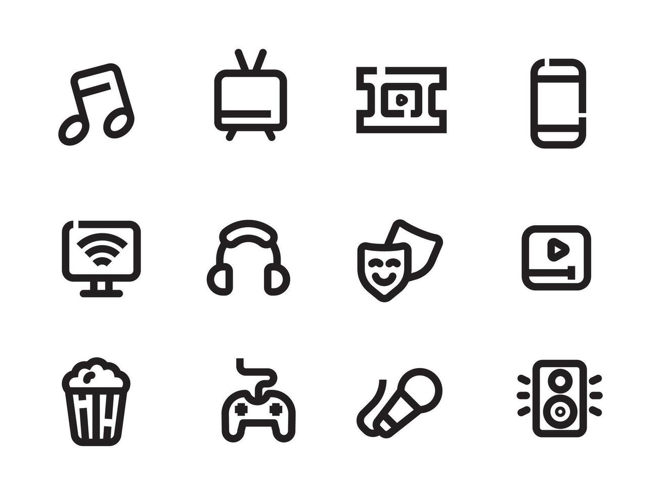 Set of entertainment icons with bold line style on white background vector