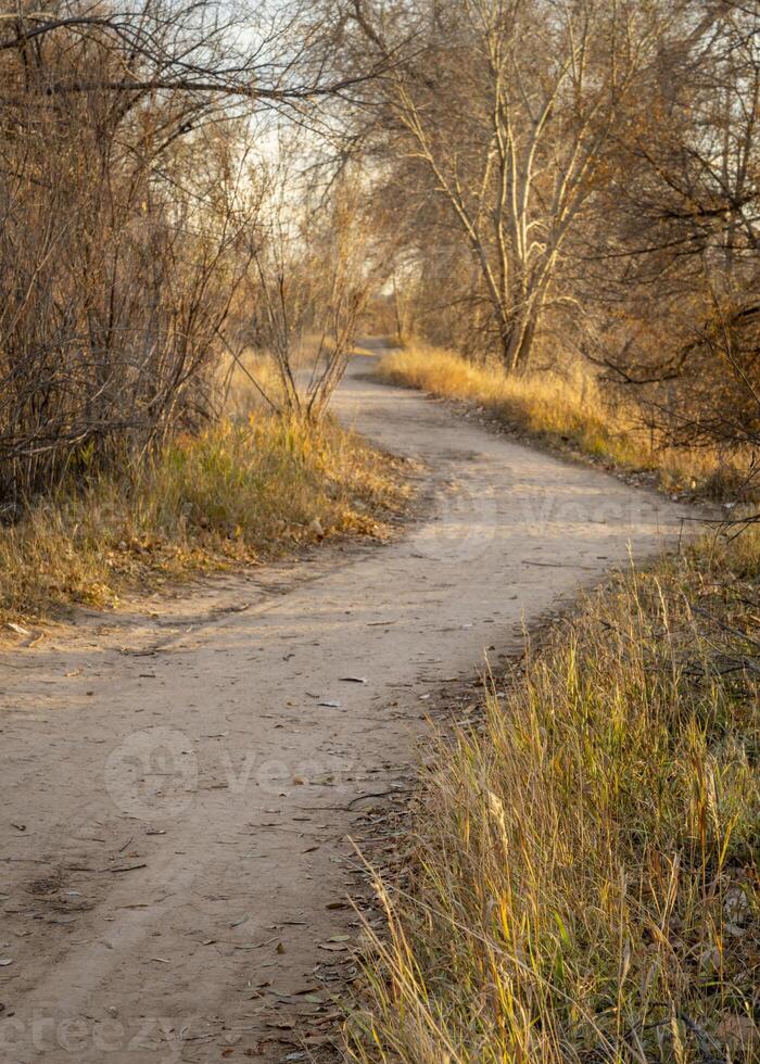 gravel hiking and biking trail in late fall scenery in one of natural areas in Fort Collin, Colorado photo