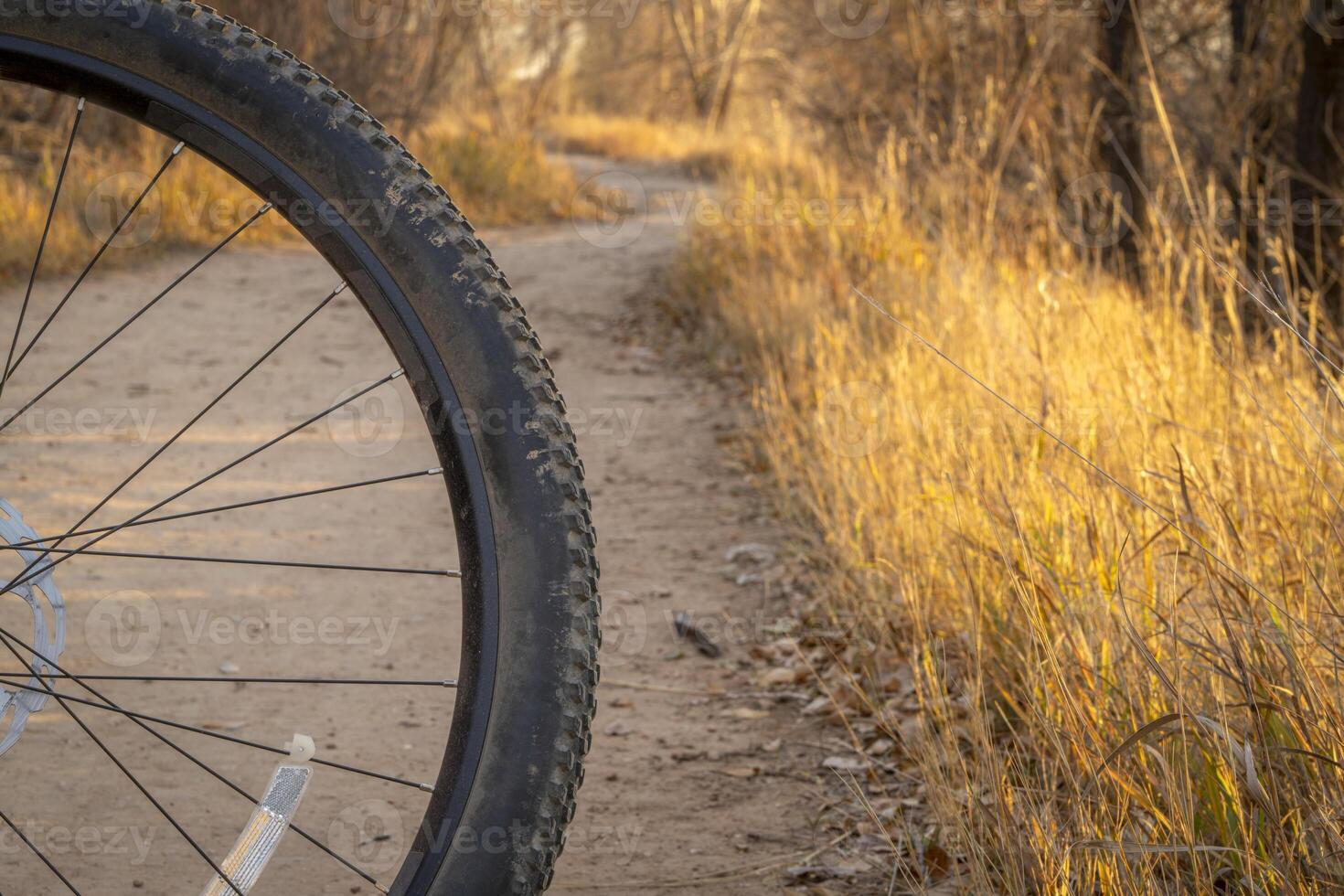 mountain bike on a gravel biking and hiking trail in one of natural areas in Fort Collins, Colorado, late fall scenery at sunset photo