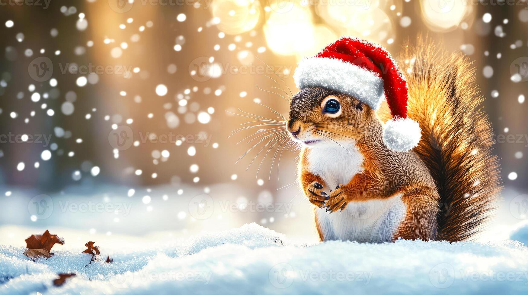 Charming red squirrel wearing Santa hat, on snowy ground in winter forest. Fluffy tail illuminated by warm sunlight creates magical Christmas atmosphere, soft bokeh background. Banner photo