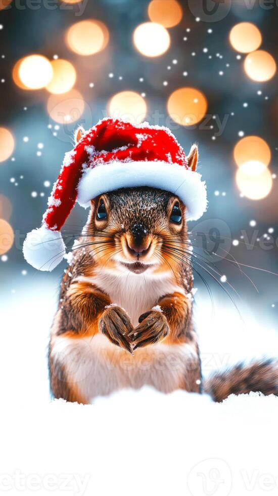 Charming squirrel wearing festive Santa hat, sitting in snow with twinkling golden bokeh lights in background. Perfect for Christmas designs, seasonal promotions, enchanting wildlife photo