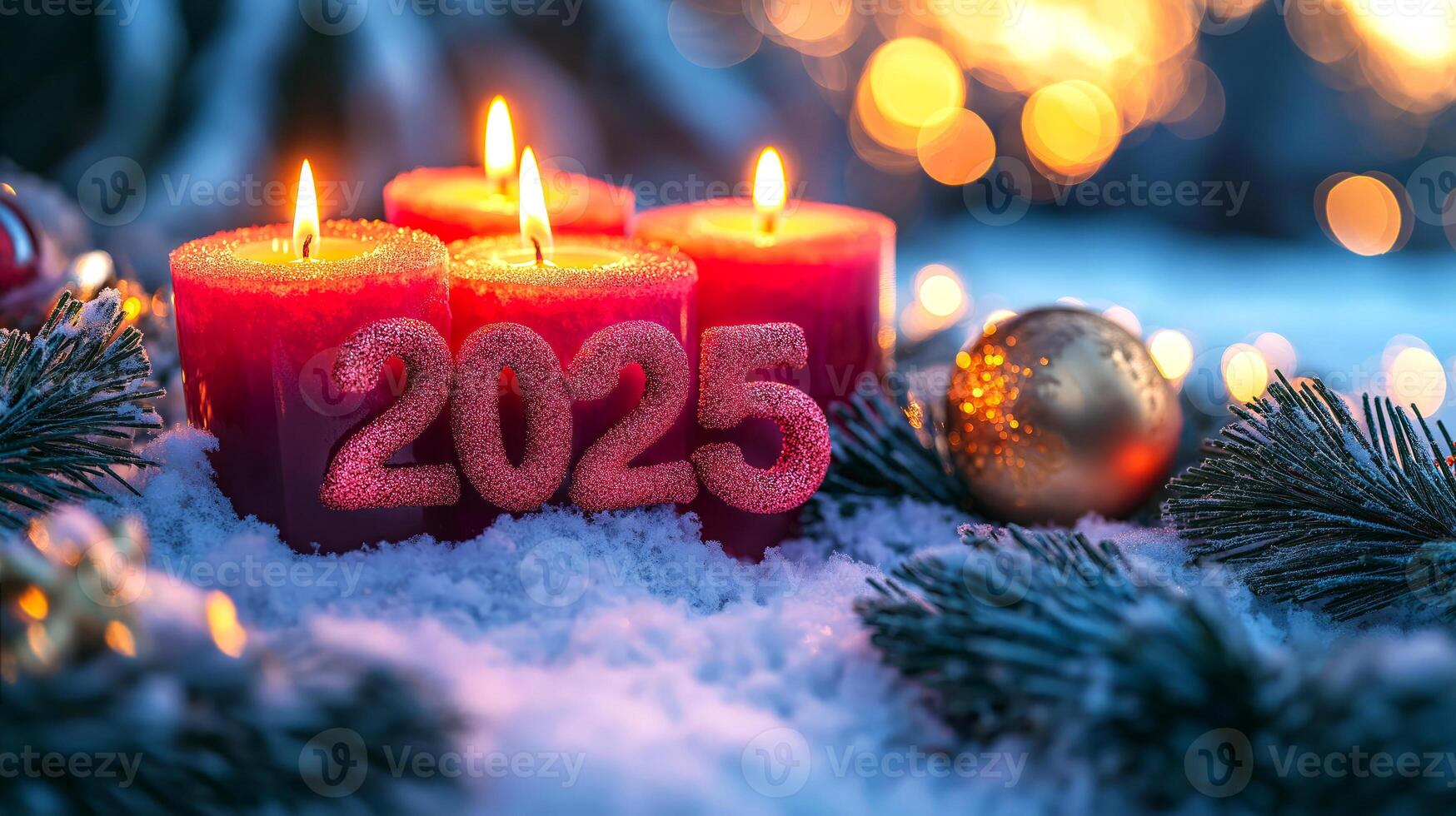 Four red candles with the numbers 2025 burn warmly in snowy outdoor setting, surrounded by evergreen branches, golden ornament, festive lights. Christmas and New Year, cozy and celebratory atmosphere photo