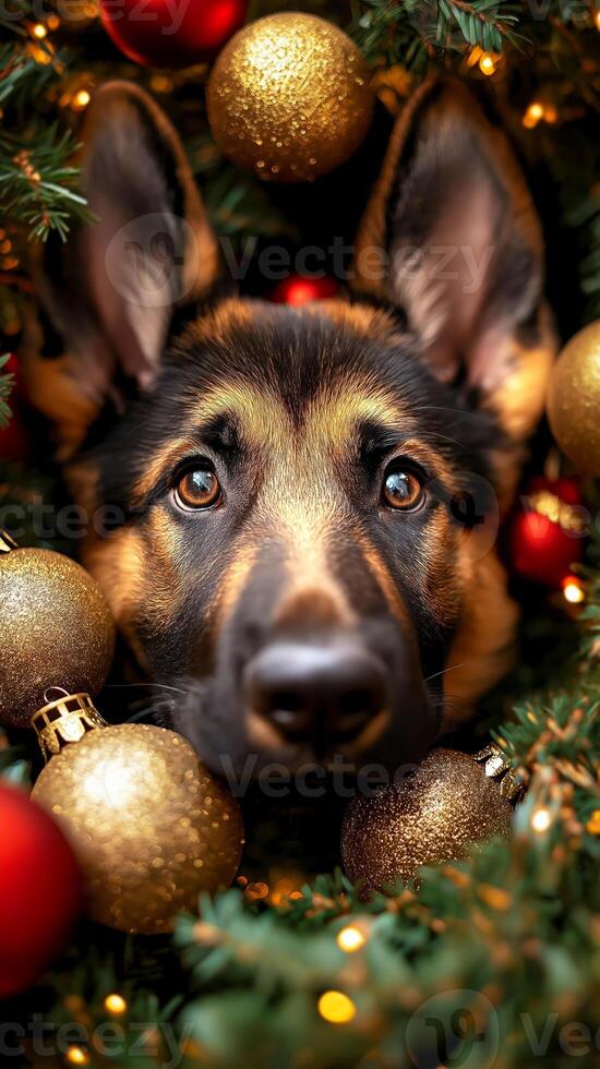 Curious German Shepherd puppy peeks through festive Christmas setting adorned with gold and red ornaments, making it heartwarming representation of holiday joy and the spirit of Christmas photo