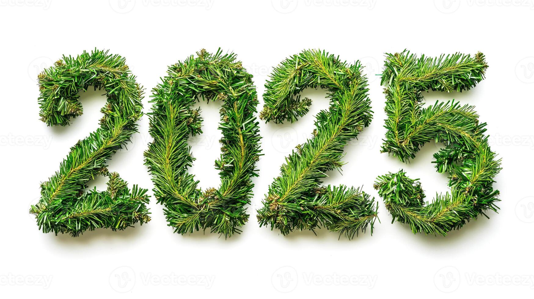 Year 2025 is artistically represented using green pine branches arranged to form each number, creating festive, nature-inspired design on white background. New Year and holiday eco-friendly designs photo