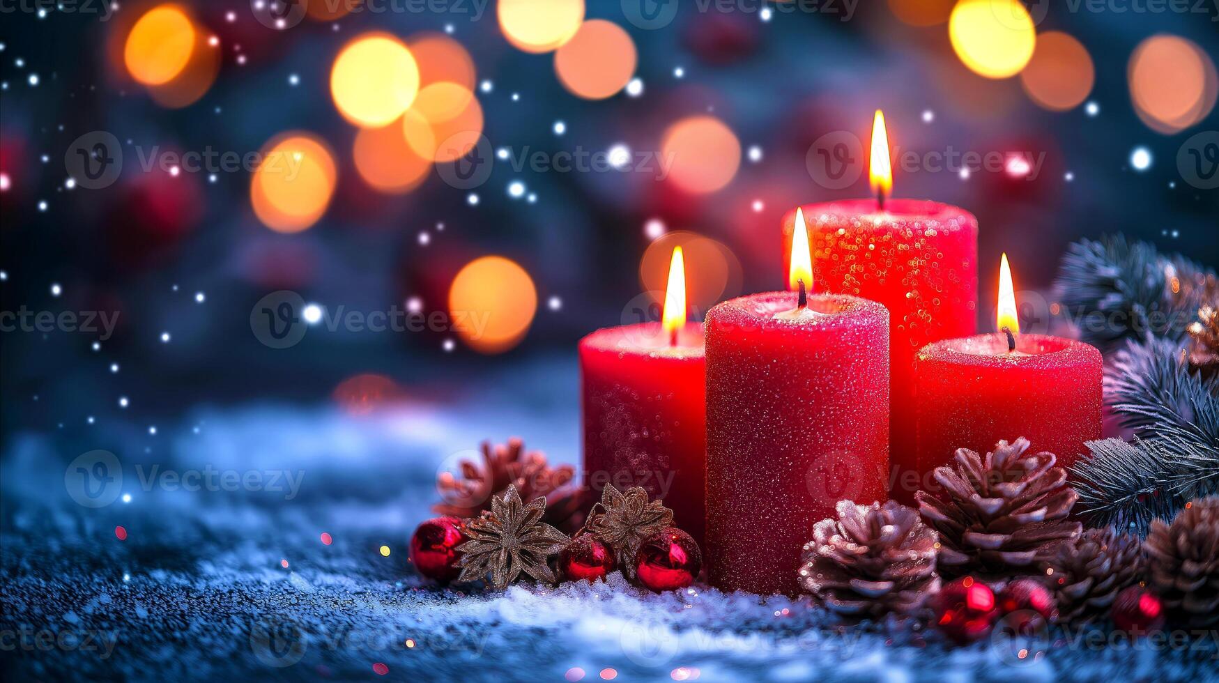 Festive holiday scene featuring red candles burning brightly against wintery background. Soft glowing lights in background enhance Christmas and New Year traditions, winter season, holiday decorations photo