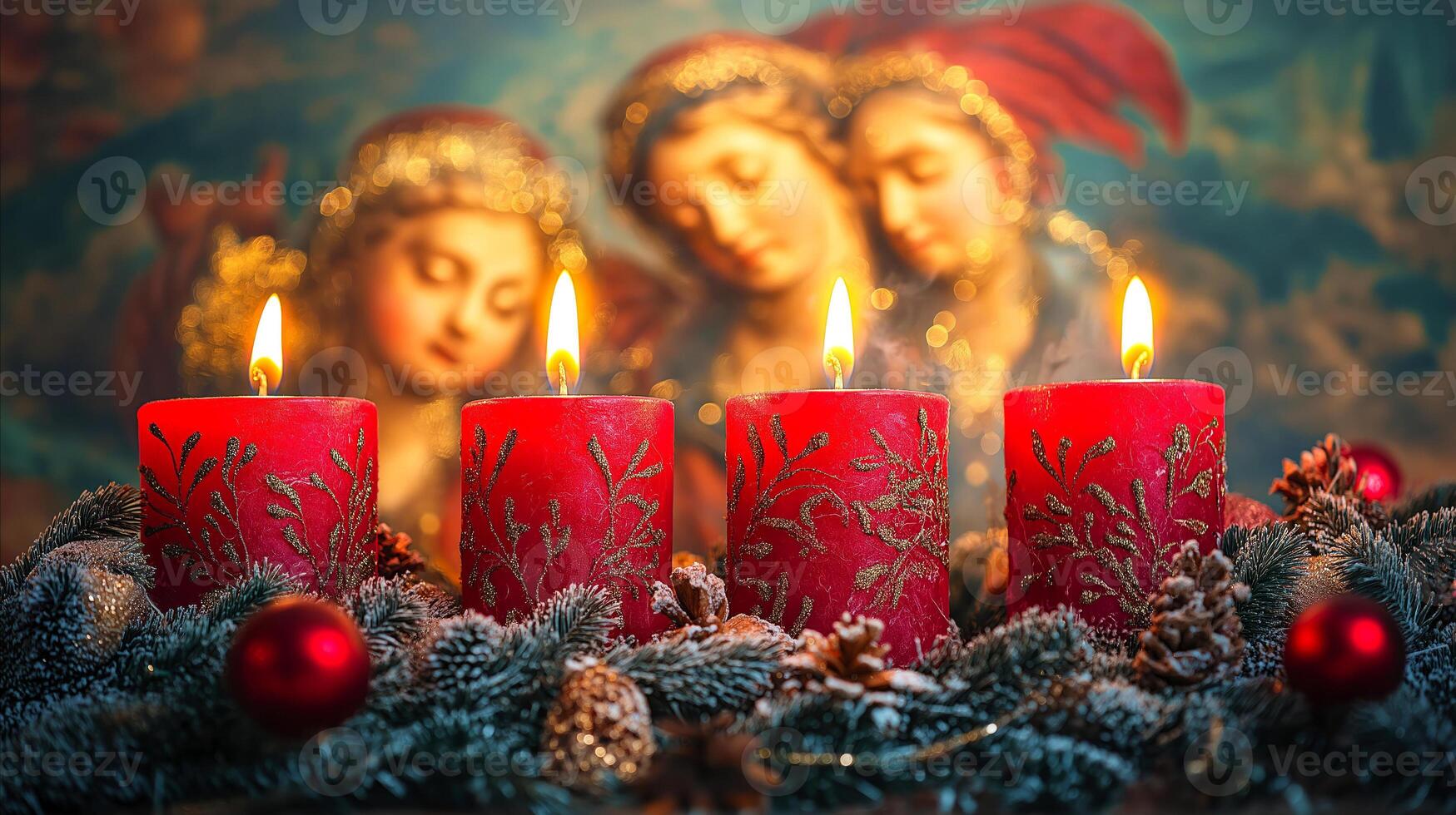 Christmas spirit, serene holiday arrangement featuring four red candles adorned with golden leaf patterns, burning brightly against festive background of angelic figures softly blurred in backdrop photo