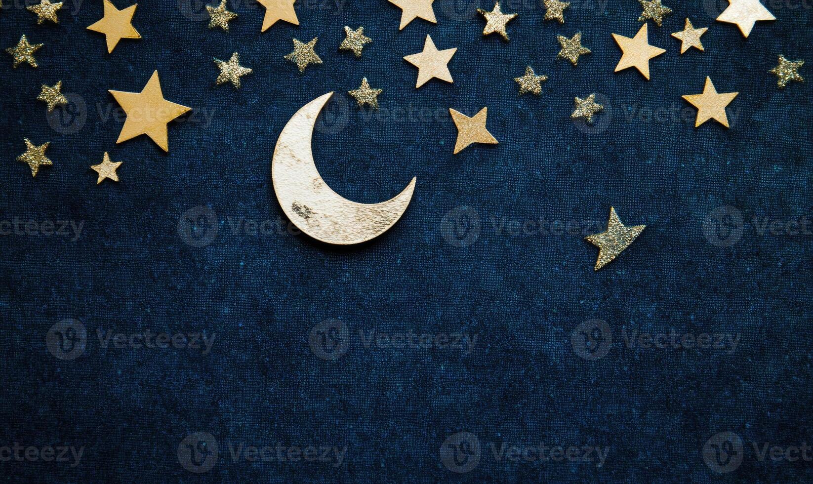 A blue background with a gold star and a gold crescent moon photo