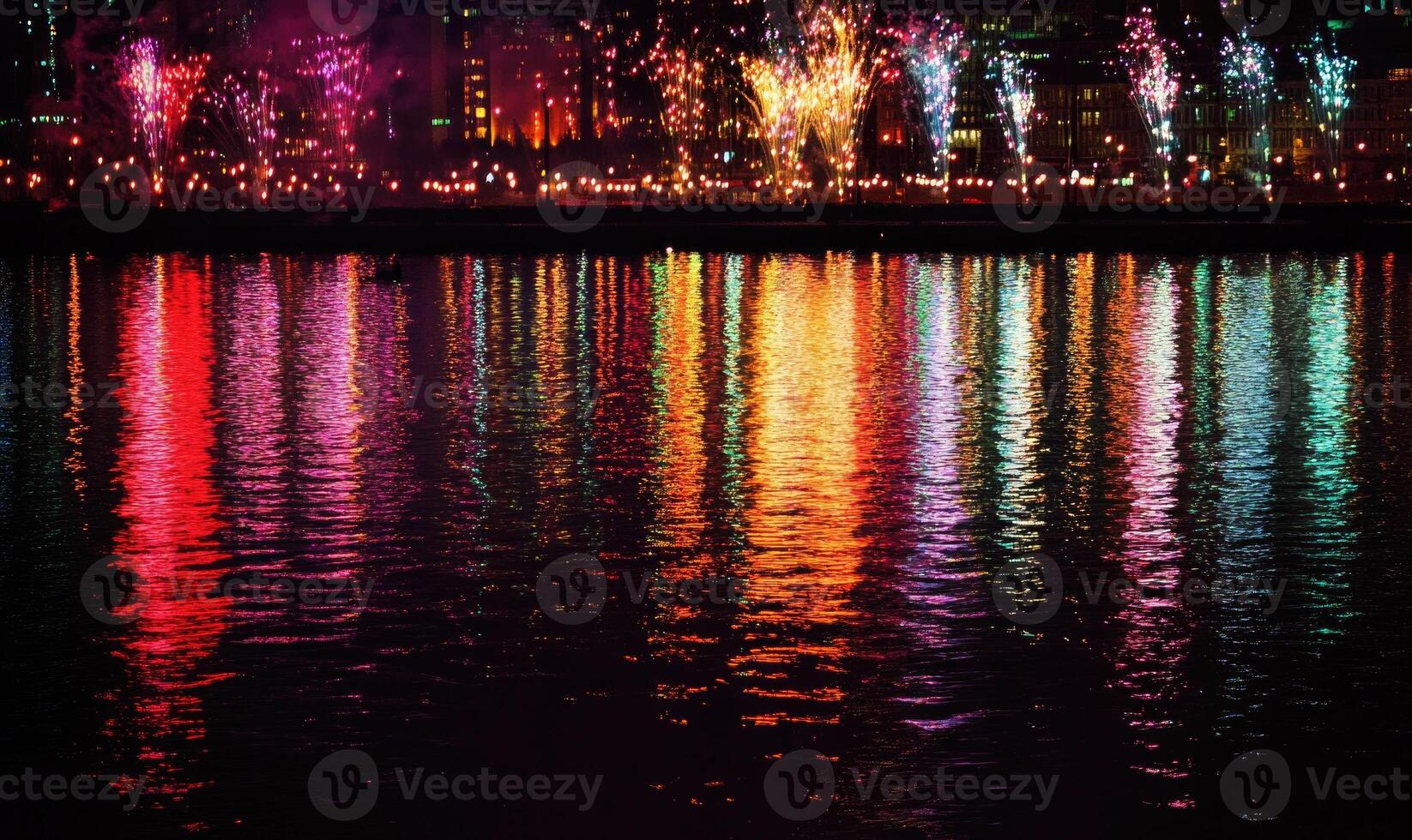 A city skyline with fireworks in the background photo