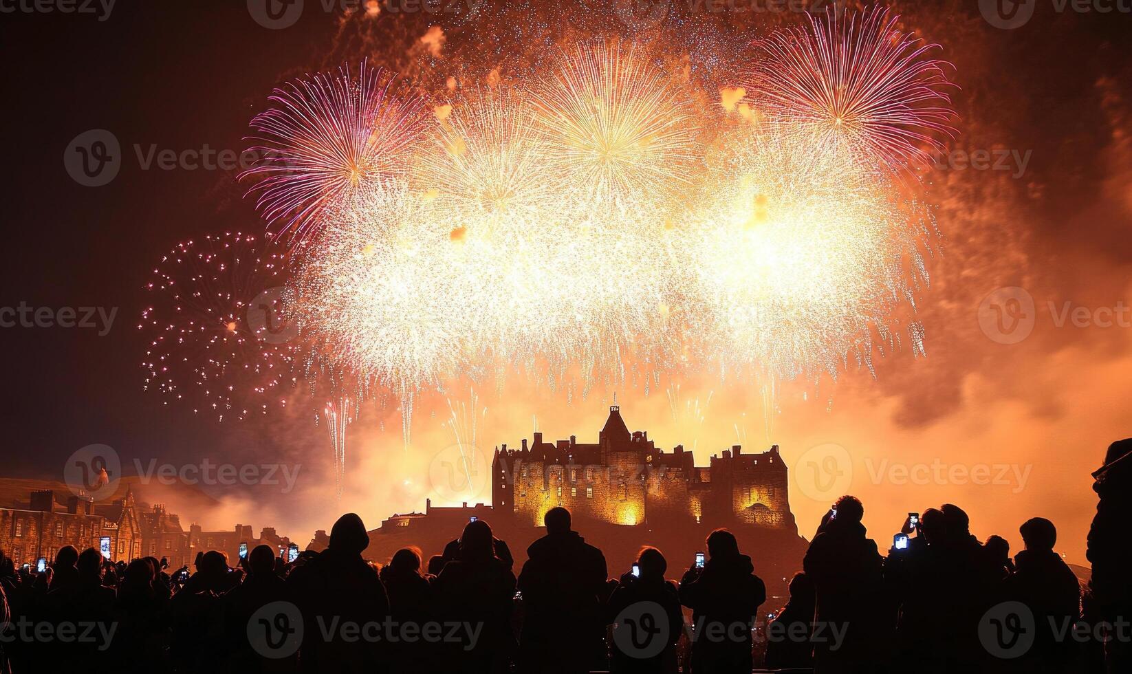 A group of people are watching fireworks from a hill photo