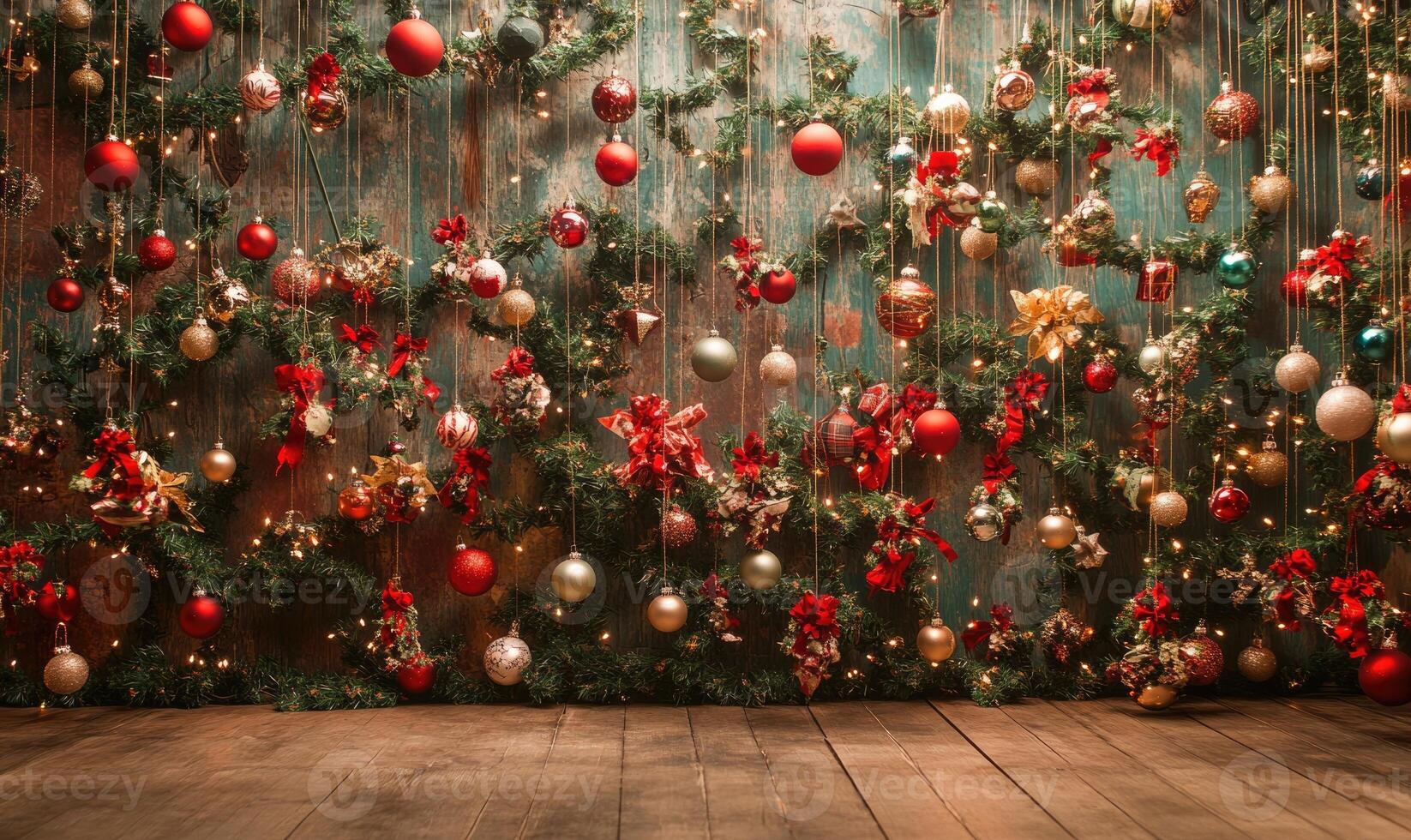 A large wall covered in red and gold ornaments and green leaves photo
