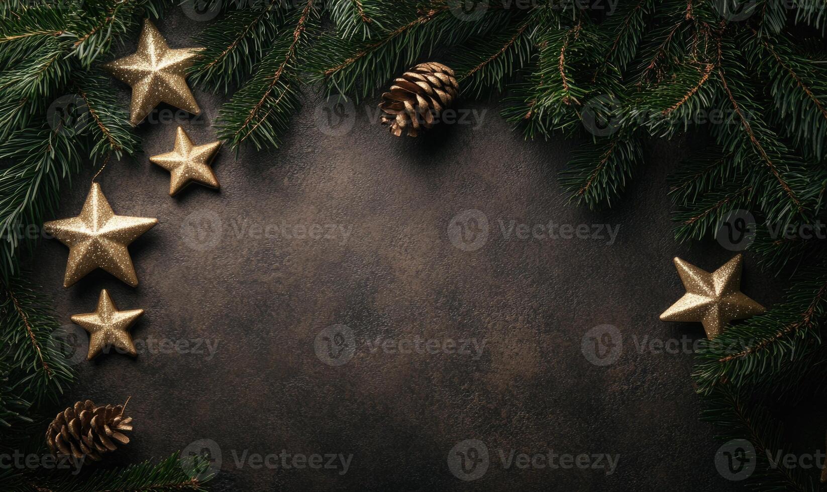 A dark background with a row of gold stars and pine cones photo