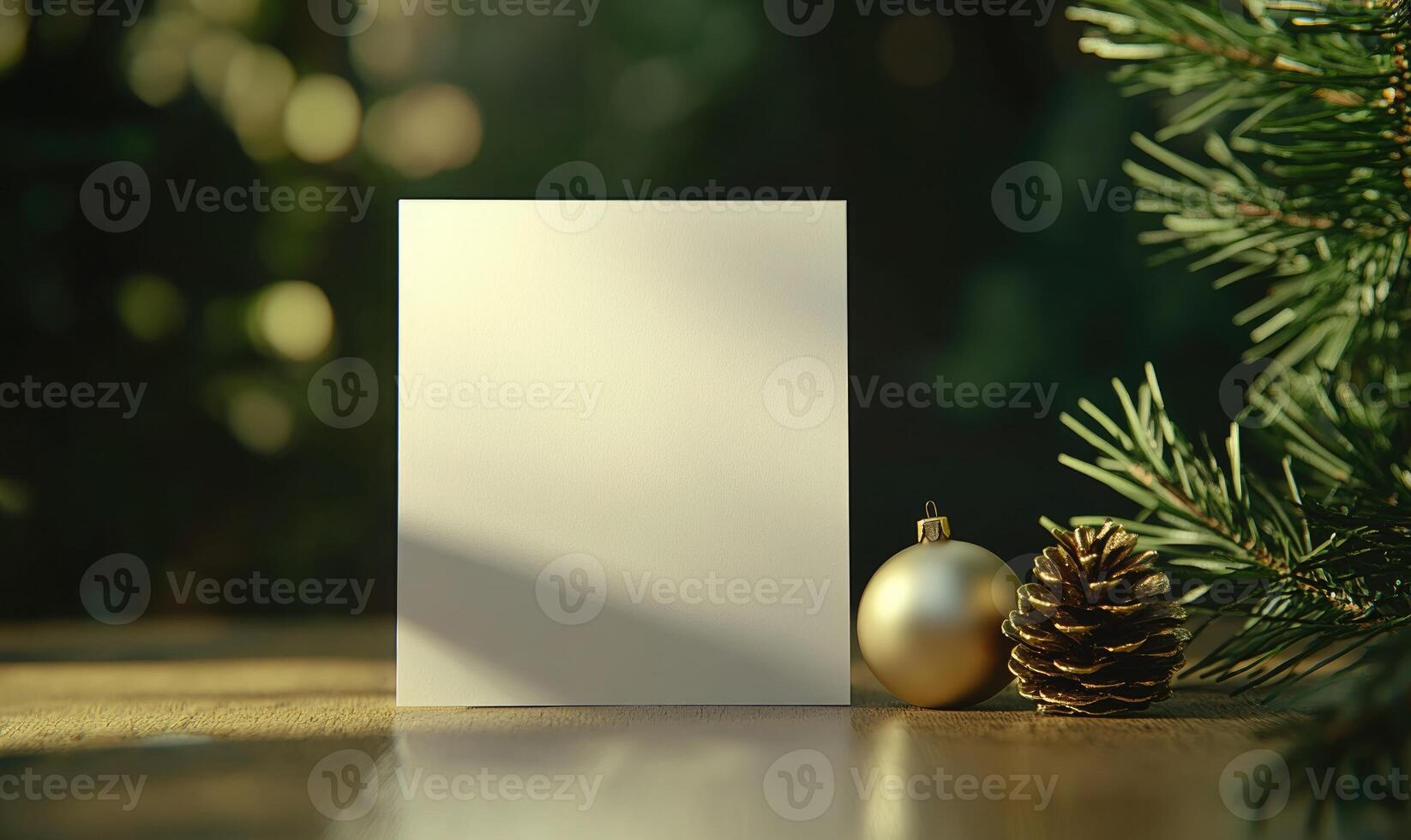A white card sits on a table next to a gold ornament and a pine cone photo