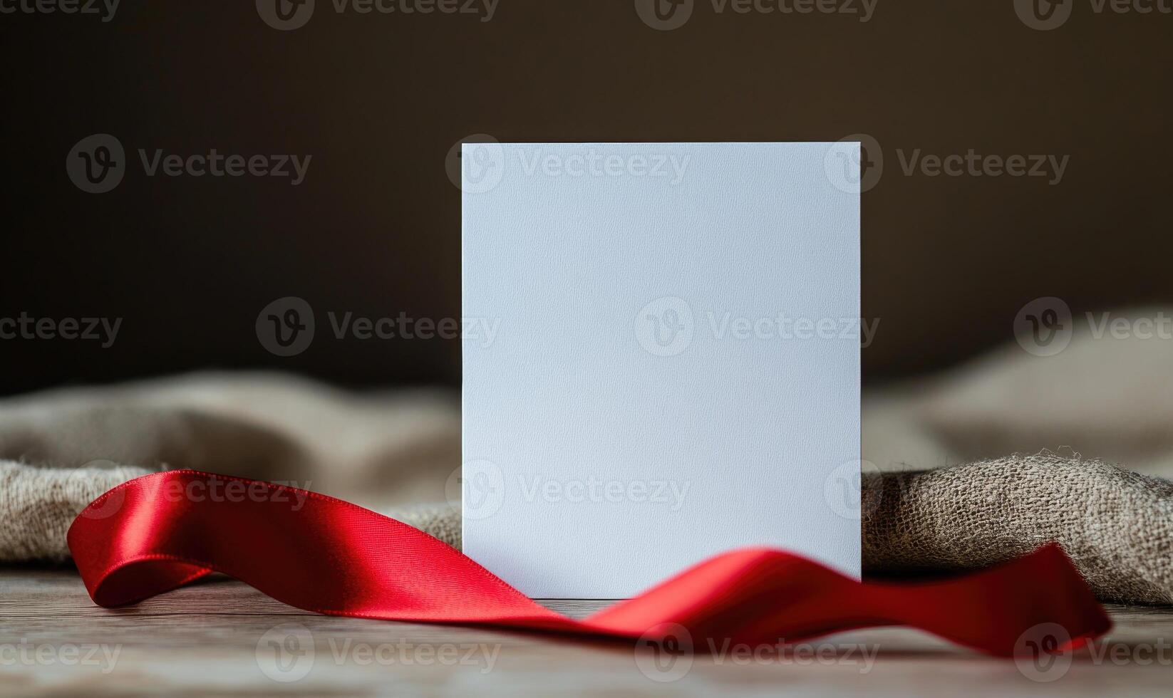 A white card with a red ribbon is on a table photo