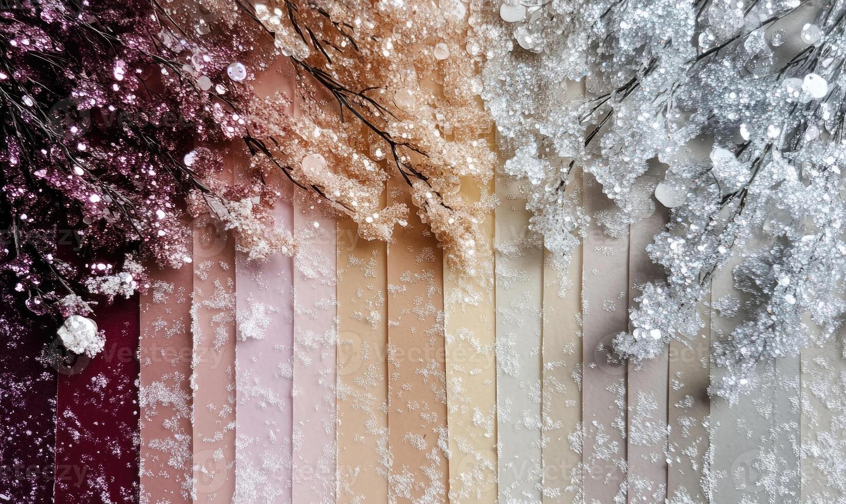 A harmonious palette featuring pale rose, peach, light caramel, and deep burgundy, set against a background of frosty silver confetti photo