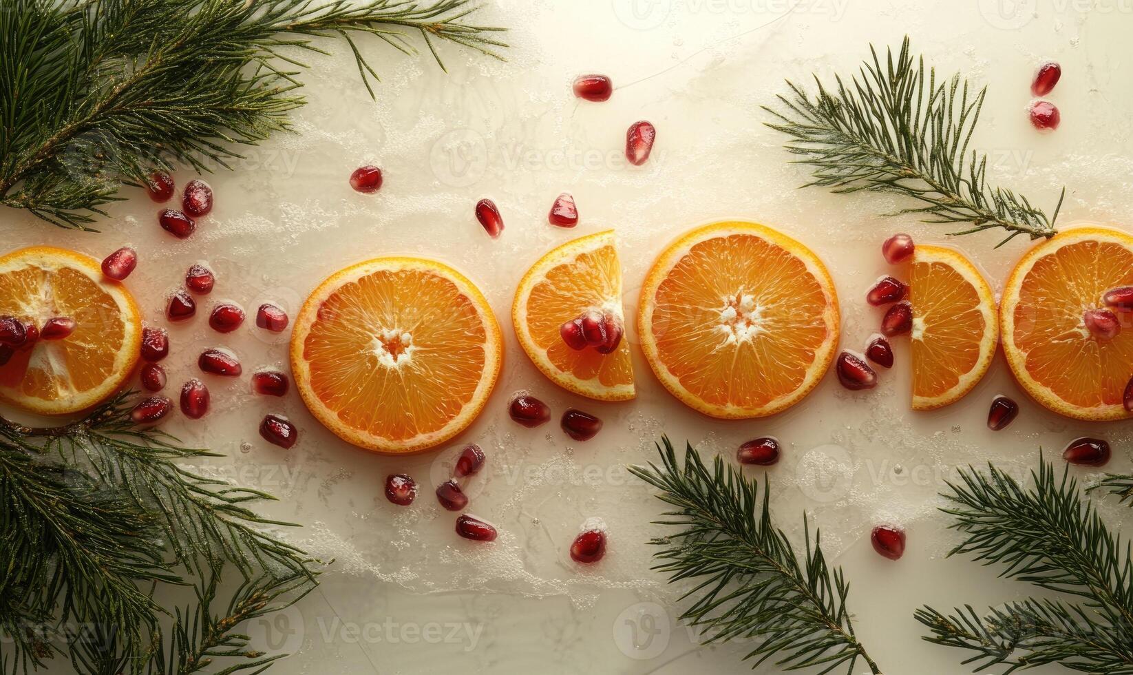 A row of oranges and pomegranates on a white background photo
