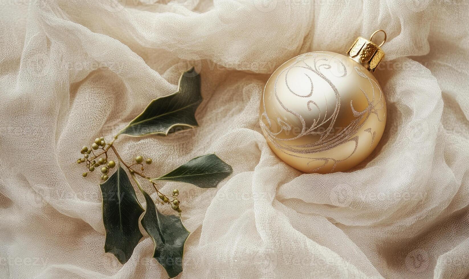 A gold ornament with a leaf on it sits on a white cloth photo