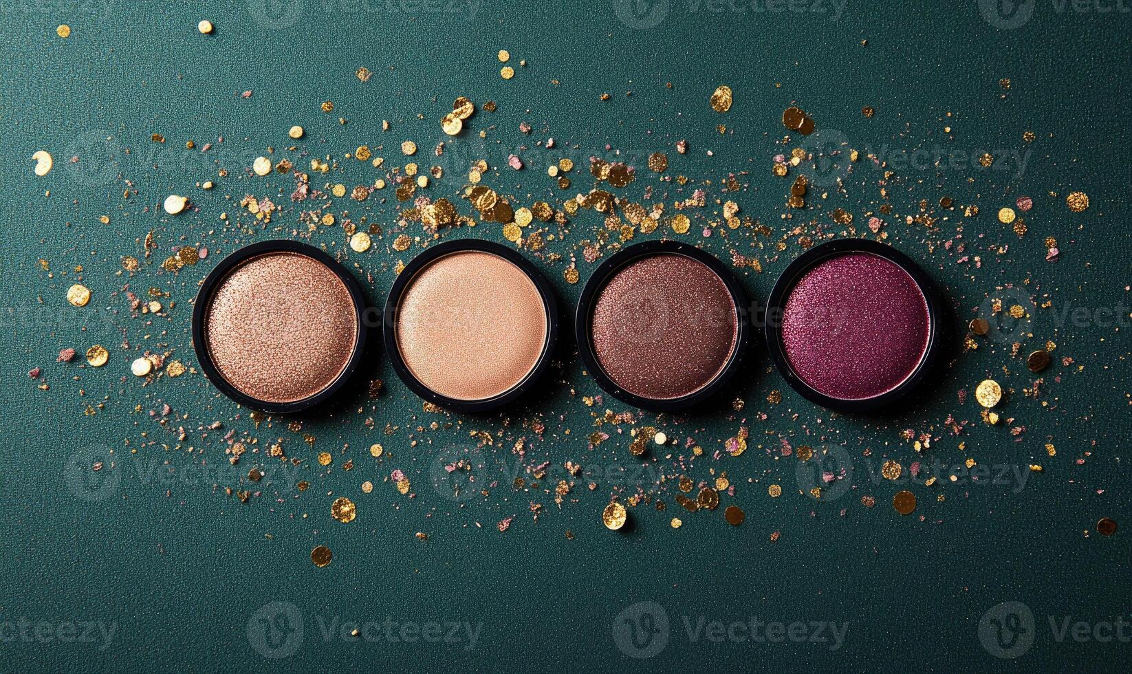 A palette of eyeshadow shades soft rose, muted peach, warm bronze, deep plum, with golden confetti on green background photo