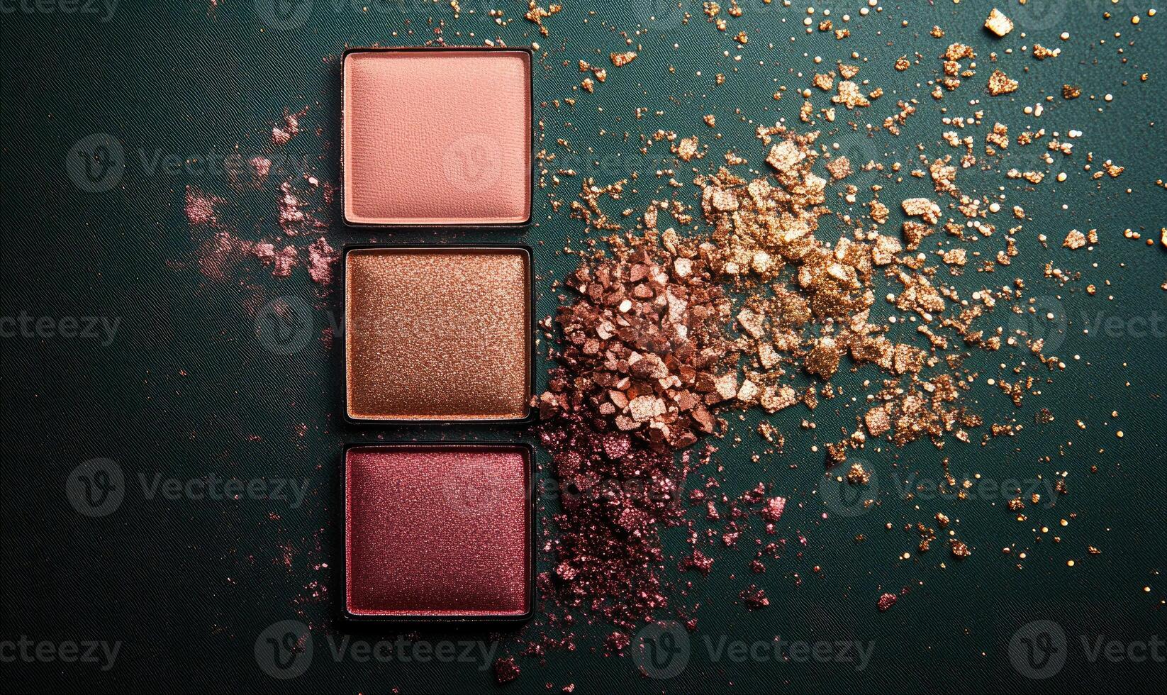 A palette of eyeshadow shades soft rose, muted peach, warm bronze with a light scattering of golden confetti on a dark green background photo