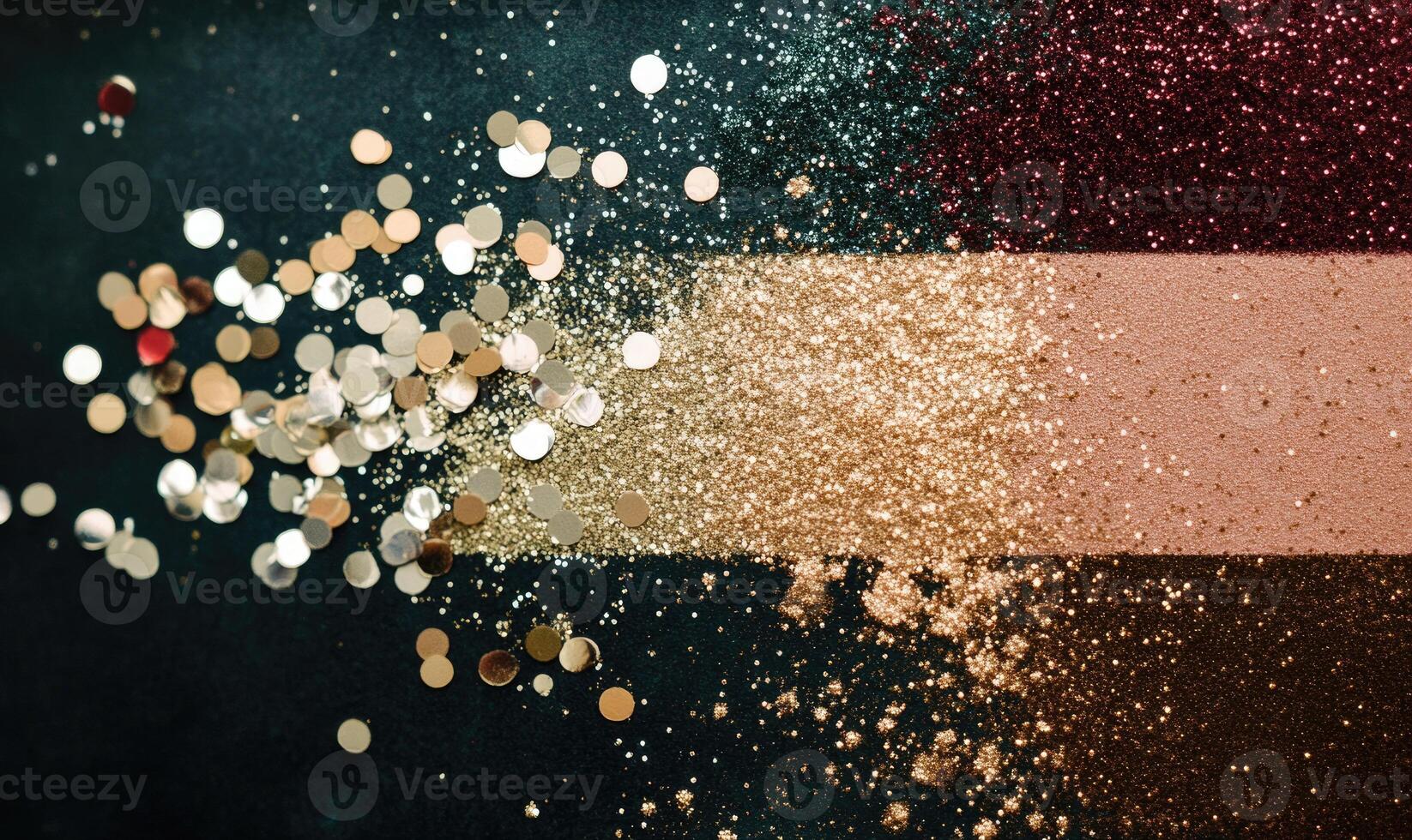 Soft beige, dusty rose, light gold, and deep burgundy eyeshadows scattered on dark green background with silver confetti photo