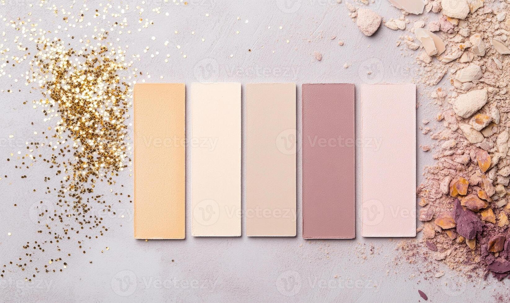 A palette showcasing four harmonious shades light beige, soft peach, medium taupe, and deep mauve, with delicate golden tinsel scattered photo