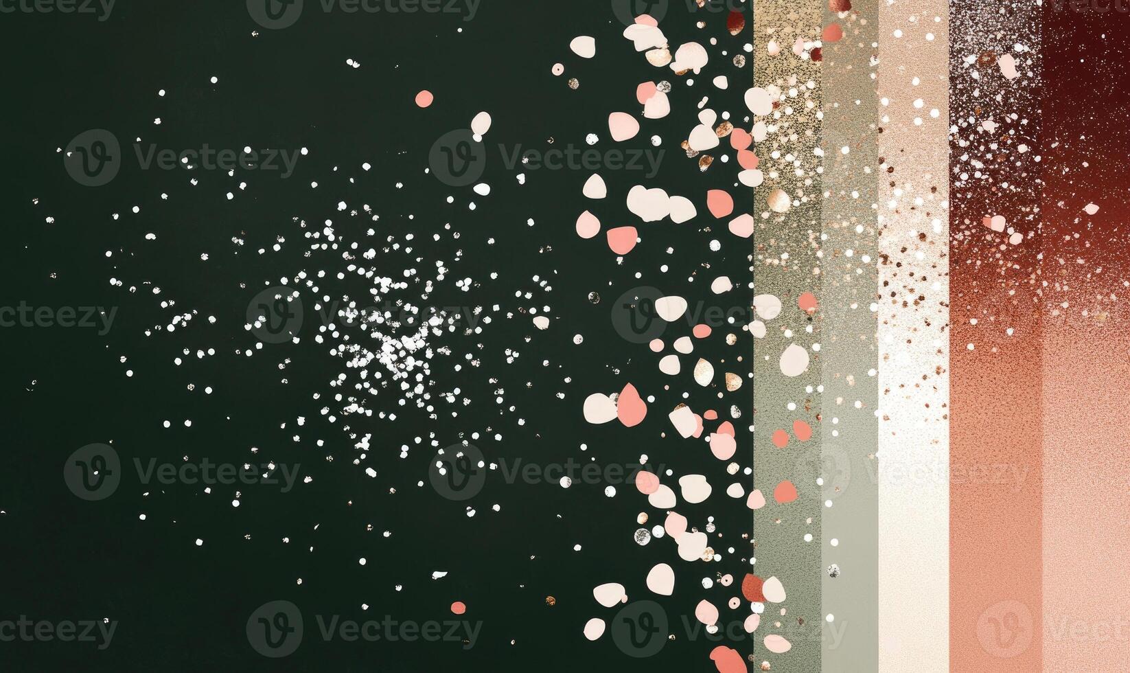 Soft beige, dusty rose, light gold, and deep burgundy eyeshadows scattered on dark green background with silver confetti photo
